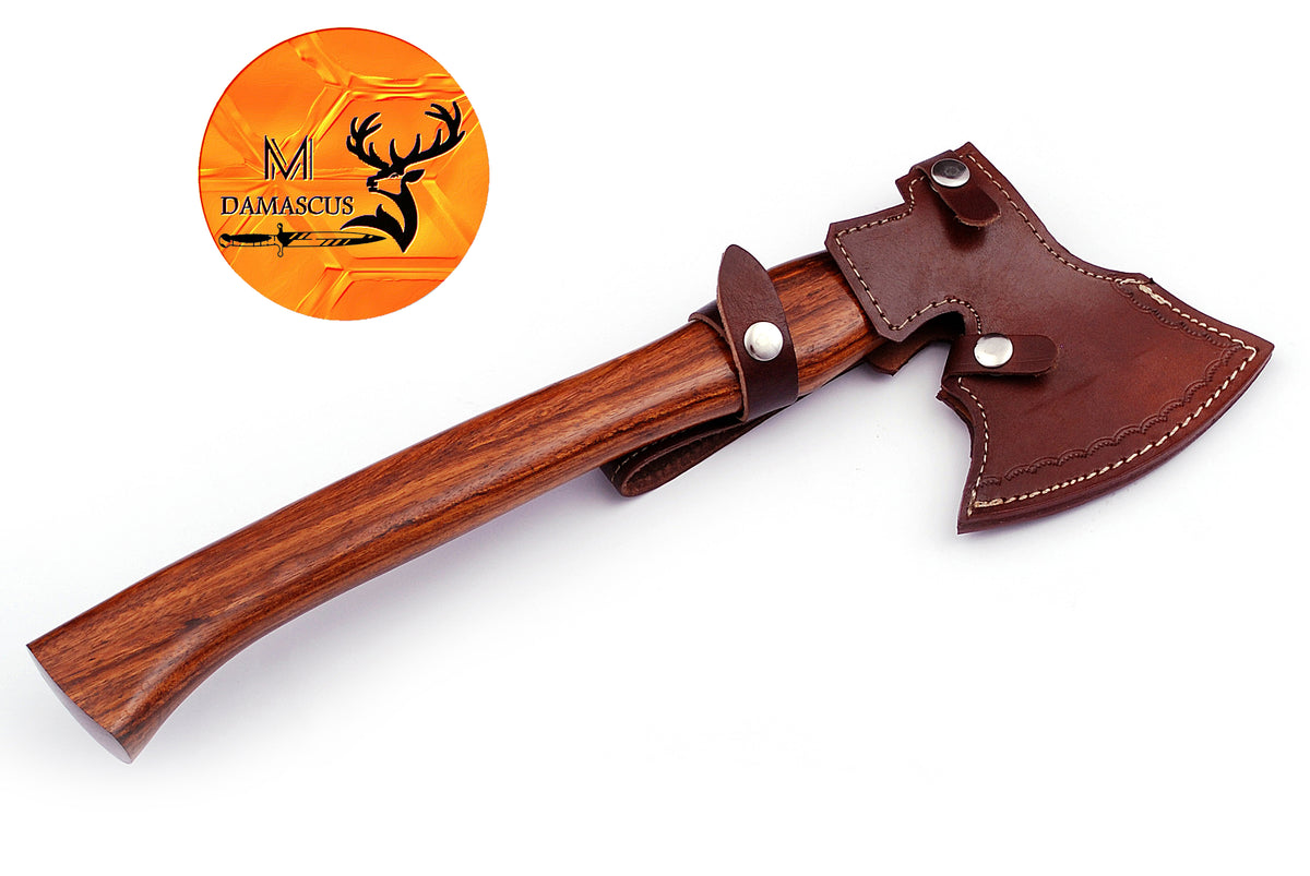 CUSTOM HANDMADE FORGED DAMASCUS STEEL AXE HATCHETS TOMAHAWK VIKING THROWING WOOD HANDLE WITH LEATHER SHEATH 554