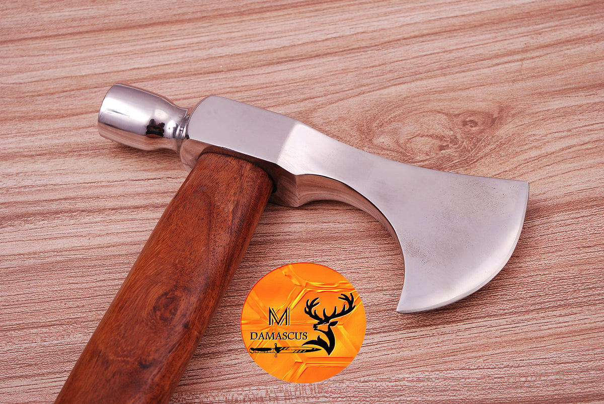 CUSTOM HANDMADE CARBON STEEL AXE HATCHET INTEGRAL VIKING THROWING TOMAHAWK WOOD HANDLE WITH LEATHER SHEATH 634