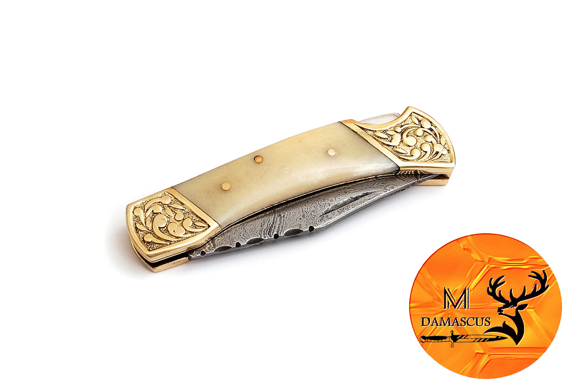 CUSTOM MADE POCKET KNIFE / HAND FORGED DAMASCUS STEEL FOLDING BLADE KNIFE / CAMEL BONE HANDLE 700