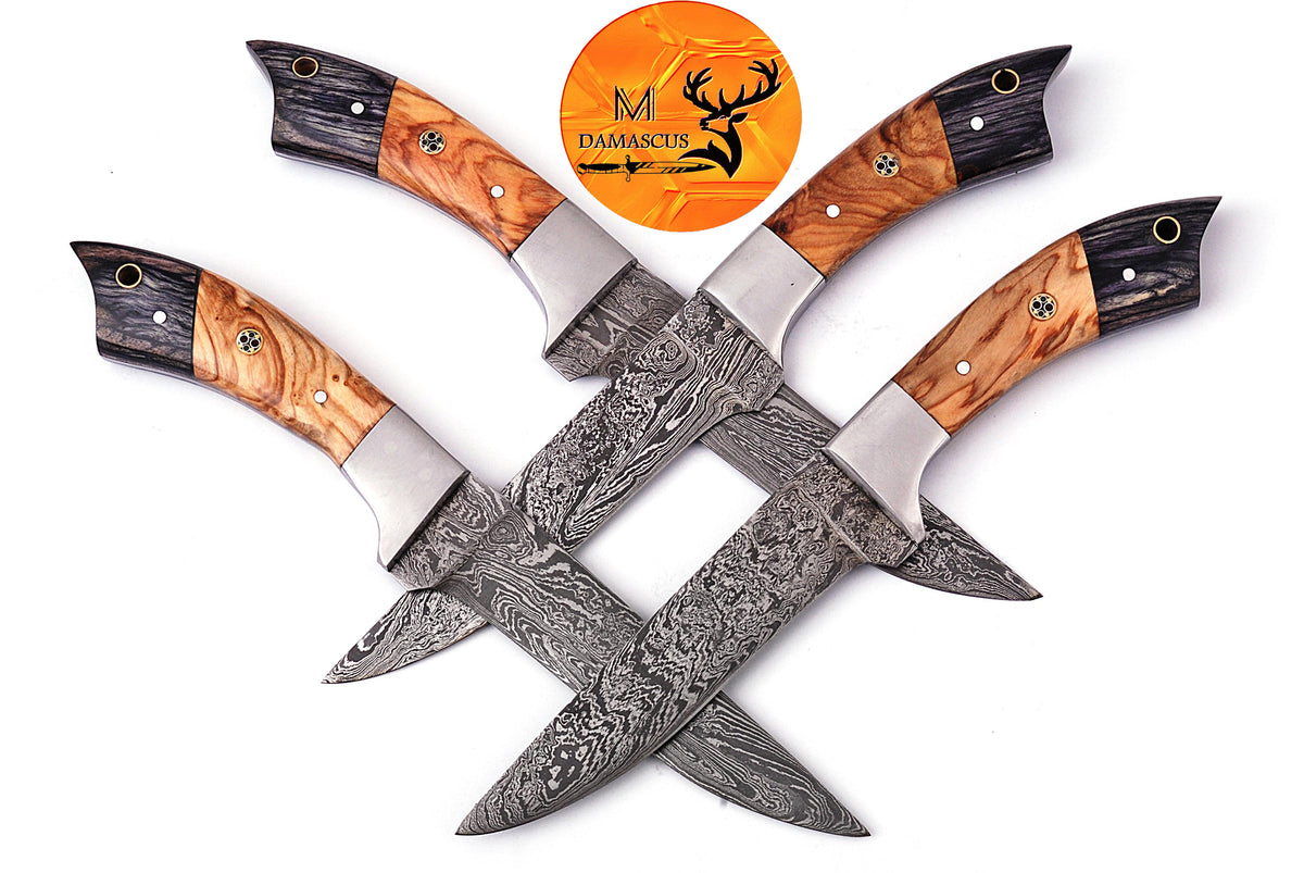 CUSTOM HANDMADE FORGED DAMASCUS STEEL STEAK KNIFE SET CHEF KNIFE SET KITCHEN KNIVES SET WITH WOOD HANDLE