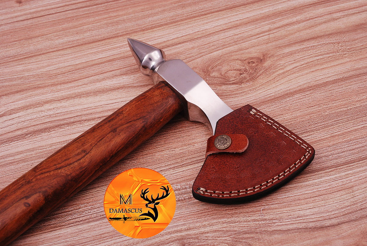 CUSTOM HANDMADE CARBON STEEL AXE HATCHET INTEGRAL VIKING THROWING TOMAHAWK WOOD HANDLE WITH LEATHER SHEATH 635