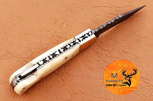 CUSTOM MADE POCKET KNIFE / HAND FORGED DAMASCUS STEEL FOLDING BLADE KNIFE / CAMEL BONE HANDLE 1329