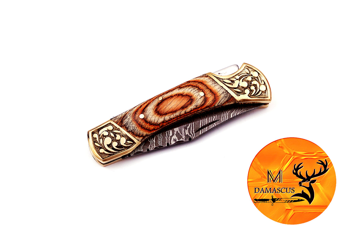 CUSTOM MADE POCKET KNIFE / HAND FORGED DAMASCUS STEEL FOLDING BLADE KNIFE / WOOD HANDLE