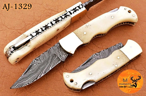 CUSTOM MADE POCKET KNIFE / HAND FORGED DAMASCUS STEEL FOLDING BLADE KNIFE / CAMEL BONE HANDLE 1329