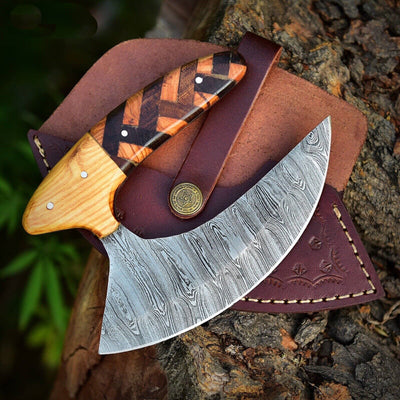 Ulu Knife Custom Made Hand Forged Damascus Steel Chef Kitchen Knife Pizza Cutter With Wood Handle 1933