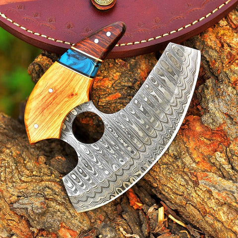Ulu Knife Custom Made Hand Forged Damascus Steel Chef Kitchen Knife Pizza Cutter With Wood Handle 2771