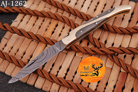 CUSTOM MADE FORGED DAMASCUS STEEL FOLDING POCKET KNIFE SKINNING HUNTING SURVIVAL EVERYDAY CARRY KNIFE 1262