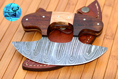 Ulu Knife Custom Made Hand Forged Damascus Steel Chef Kitchen Knife Pizza Cutter With Wood Handle
