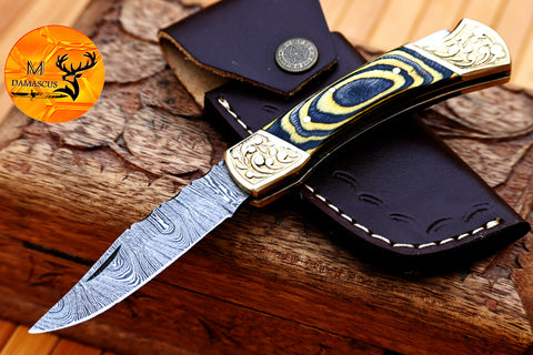 CUSTOM MADE POCKET KNIFE / HAND FORGED DAMASCUS STEEL FOLDING BLADE KNIFE / WOOD HANDLE 1297