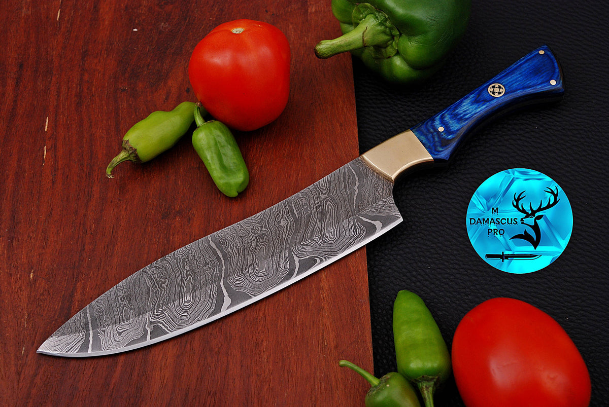 Chef Knife Custom Made Hand Forged Damascus Steel Utility Kitchen Knife With Wood And Brass Bolster Handle
