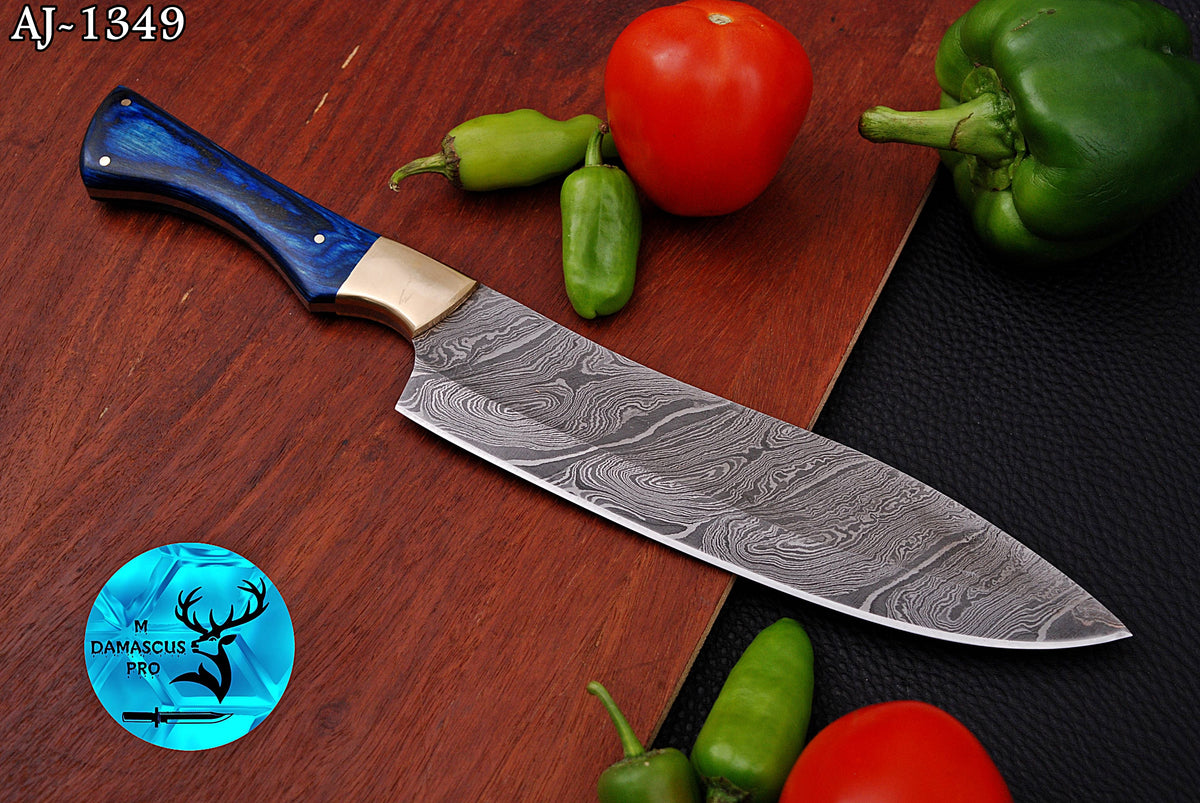 Chef Knife Custom Made Hand Forged Damascus Steel Utility Kitchen Knife With Wood And Brass Bolster Handle