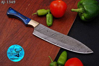 Chef Knife Custom Made Hand Forged Damascus Steel Utility Kitchen Knife With Wood And Brass Bolster Handle