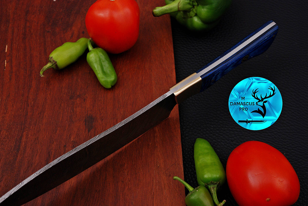 Chef Knife Custom Made Hand Forged Damascus Steel Utility Kitchen Knife With Wood And Brass Bolster Handle