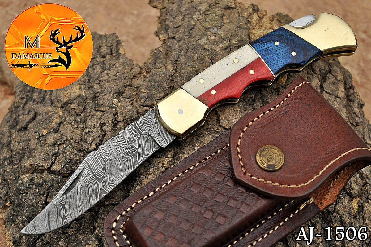 CUSTOM MADE POCKET KNIFE / HAND FORGED DAMASCUS STEEL FOLDING BLADE KNIFE / WOOD HANDLE