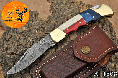 CUSTOM MADE POCKET KNIFE / HAND FORGED DAMASCUS STEEL FOLDING BLADE KNIFE / WOOD HANDLE