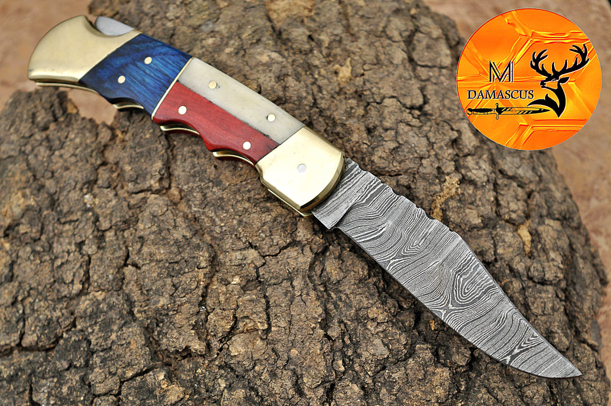 CUSTOM MADE POCKET KNIFE / HAND FORGED DAMASCUS STEEL FOLDING BLADE KNIFE / WOOD HANDLE