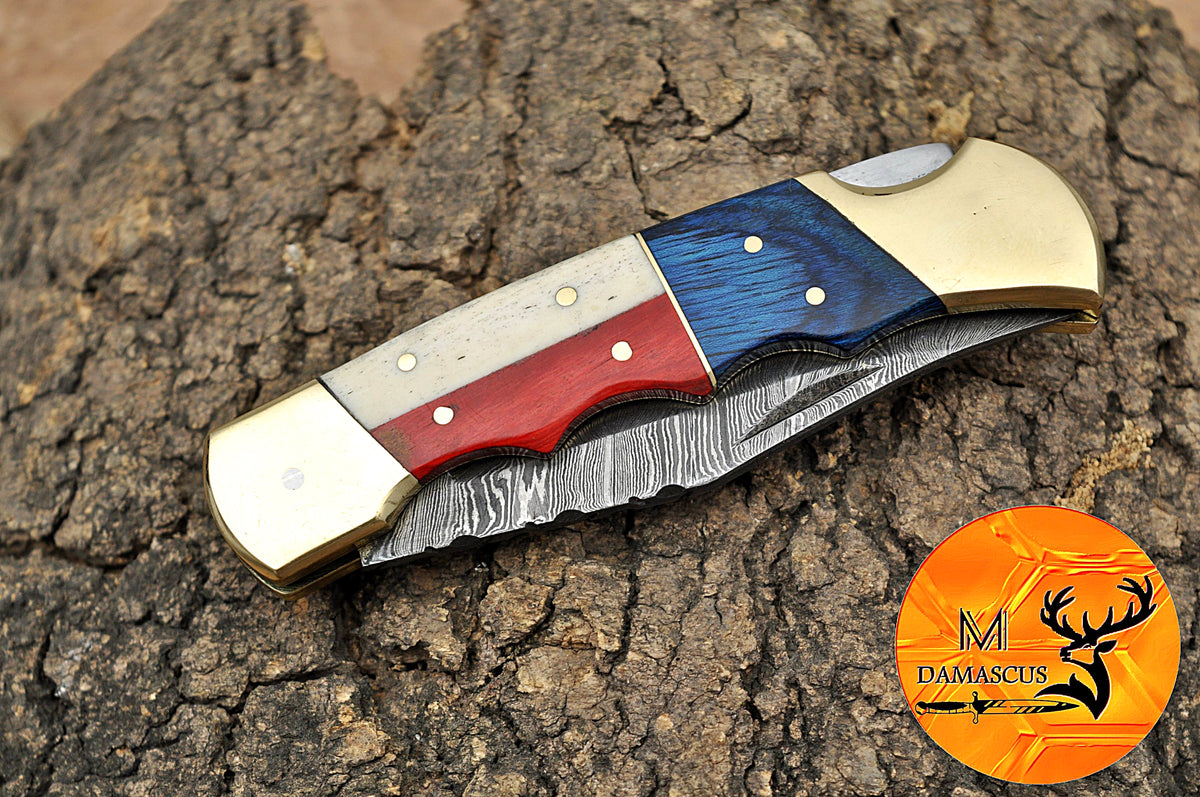 CUSTOM MADE POCKET KNIFE / HAND FORGED DAMASCUS STEEL FOLDING BLADE KNIFE / WOOD HANDLE