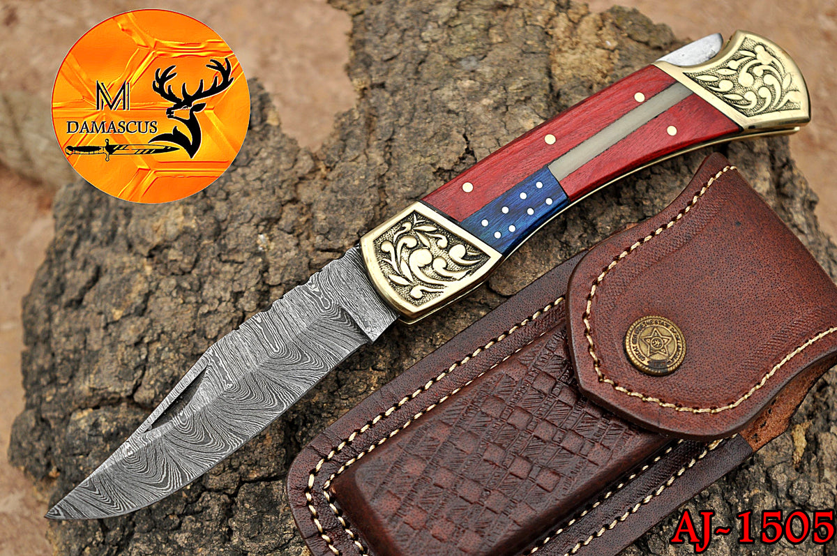 CUSTOM MADE POCKET KNIFE / HAND FORGED DAMASCUS STEEL FOLDING BLADE KNIFE / WOOD HANDLE