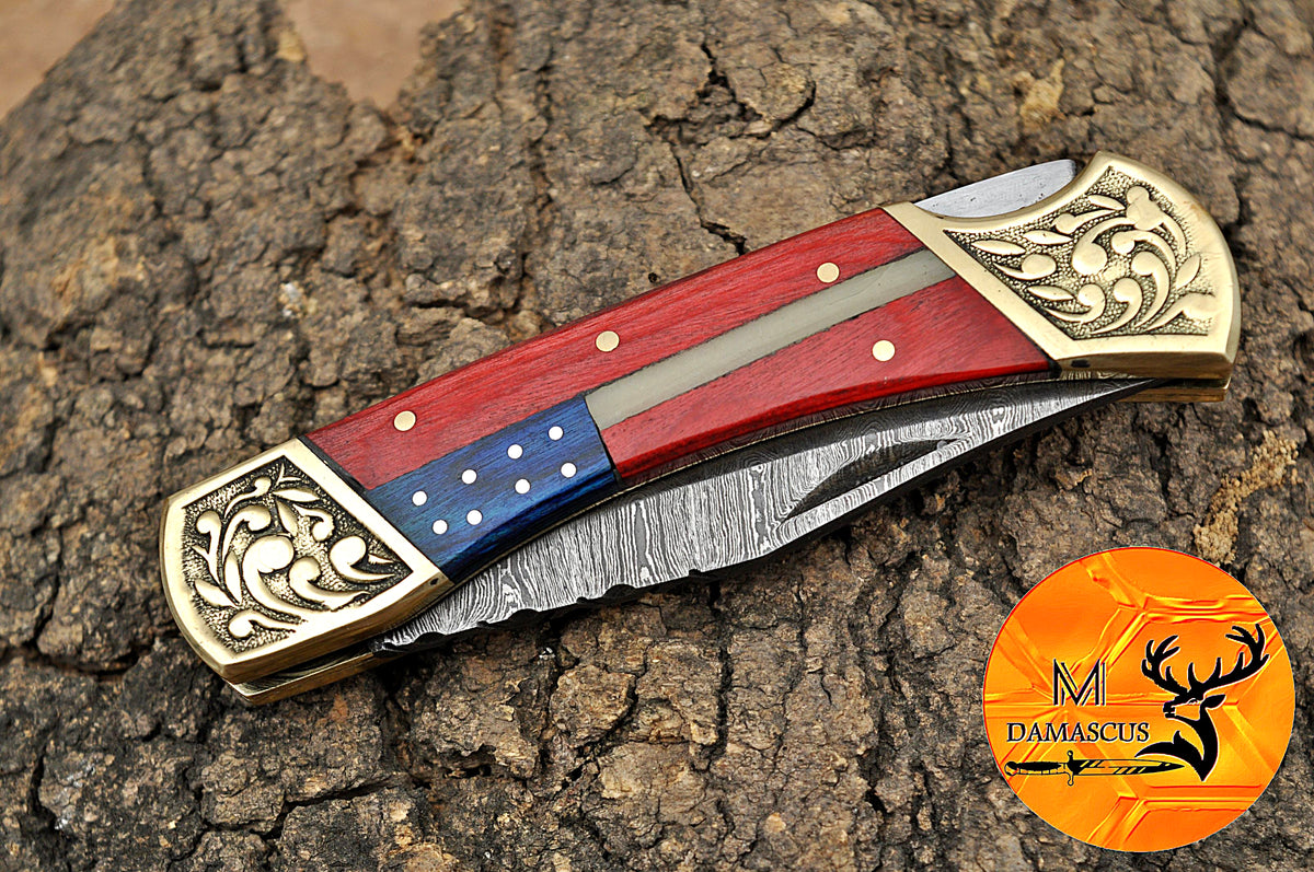 CUSTOM MADE POCKET KNIFE / HAND FORGED DAMASCUS STEEL FOLDING BLADE KNIFE / WOOD HANDLE