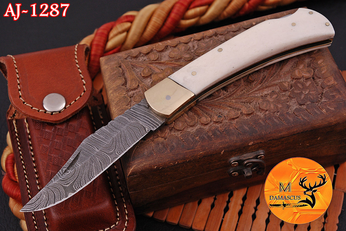 CUSTOM MADE POCKET KNIFE / HAND FORGED DAMASCUS STEEL FOLDING BLADE KNIFE / CAMEL BONE HANDLE 1287