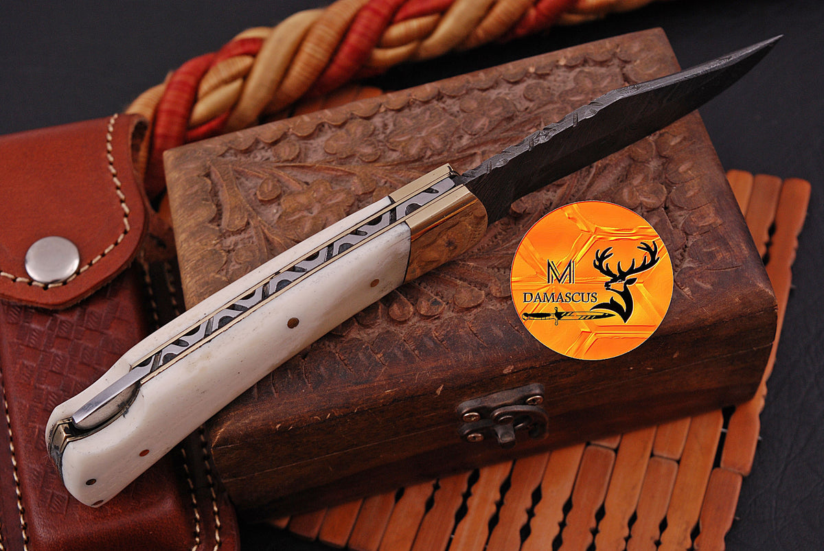 CUSTOM MADE POCKET KNIFE / HAND FORGED DAMASCUS STEEL FOLDING BLADE KNIFE / CAMEL BONE HANDLE 1287