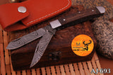 CUSTOM MADE TRAPPER KNIFE / HAND FORGED DAMASCUS STEEL FOLDING BLADE KNIFE / WOOD HANDLE 693