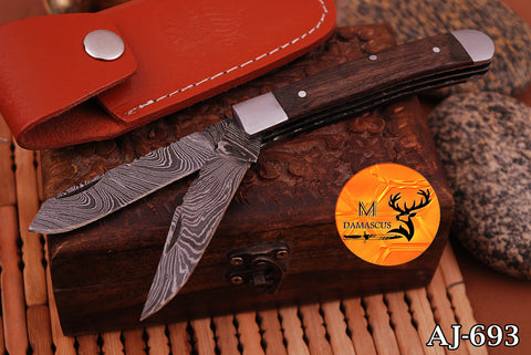 CUSTOM MADE TRAPPER KNIFE / HAND FORGED DAMASCUS STEEL FOLDING BLADE KNIFE / WOOD HANDLE 693