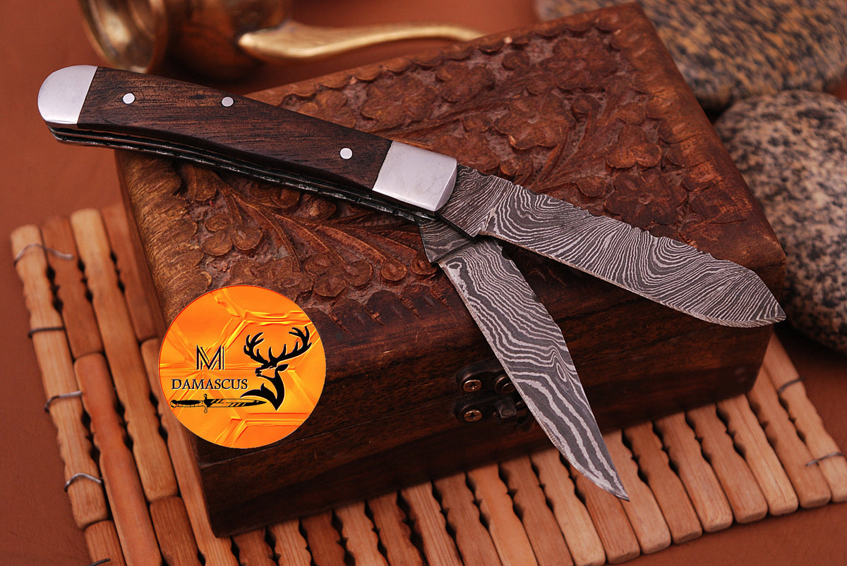 CUSTOM MADE TRAPPER KNIFE / HAND FORGED DAMASCUS STEEL FOLDING BLADE KNIFE / WOOD HANDLE 693