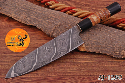 Chef Knife Custom Made Hand Forged Damascus Steel Santoku Kitchen Knife With Wood & Resin Handle