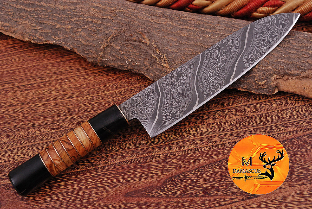 Chef Knife Custom Made Hand Forged Damascus Steel Santoku Kitchen Knife With Wood & Resin Handle