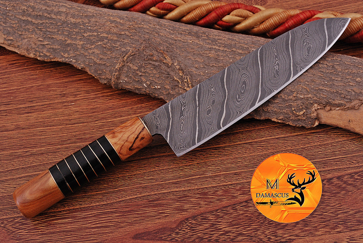 Chef Knife Custom Made Hand Forged Damascus Steel Santoku Kitchen Knife With Wood & Resin Handle