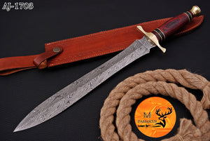 19" INCHES CUSTOM HANDMADE FORGED DAMASCUS STEEL VIKING SWORD WITH WOOD & BRASS GUARD HANDLE 1703