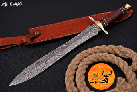 19" INCHES CUSTOM HANDMADE FORGED DAMASCUS STEEL VIKING SWORD WITH WOOD & BRASS GUARD HANDLE 1703