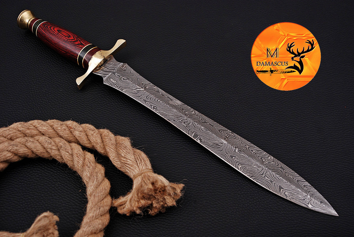 19" INCHES CUSTOM HANDMADE FORGED DAMASCUS STEEL VIKING SWORD WITH WOOD & BRASS GUARD HANDLE 1703
