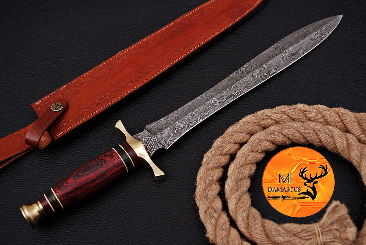 19" INCHES CUSTOM HANDMADE FORGED DAMASCUS STEEL VIKING SWORD WITH WOOD & BRASS GUARD HANDLE 1703