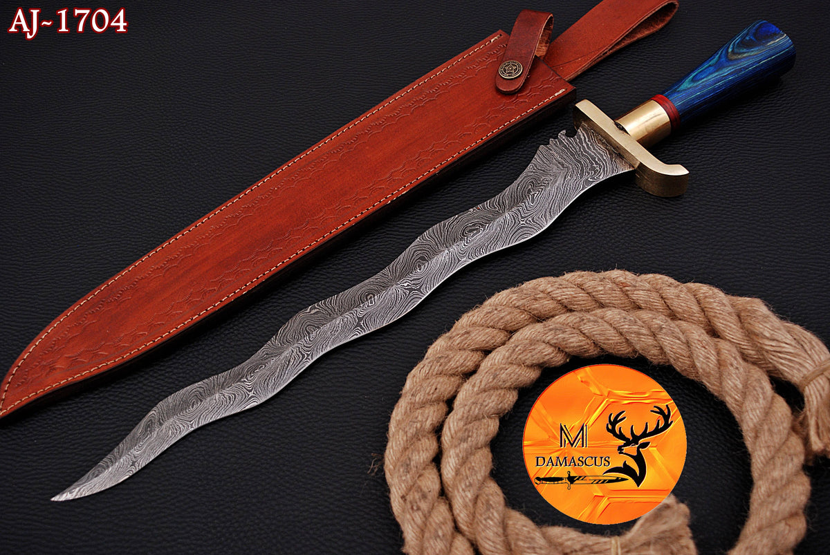 19" INCHES CUSTOM HANDMADE FORGED DAMASCUS STEEL VIKING SWORD WITH WOOD & BRASS GUARD HANDLE 1704