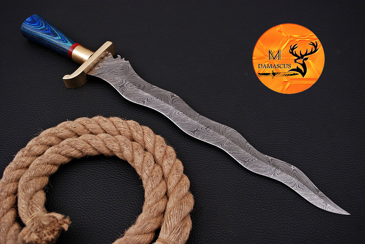 19" INCHES CUSTOM HANDMADE FORGED DAMASCUS STEEL VIKING SWORD WITH WOOD & BRASS GUARD HANDLE 1704