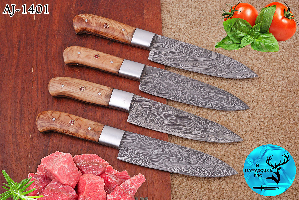 CUSTOM HANDMADE FORGED DAMASCUS STEEL STEAK KNIFE SET CHEF KNIFE SET KITCHEN KNIVES SET WITH WOOD HANDLE 1401