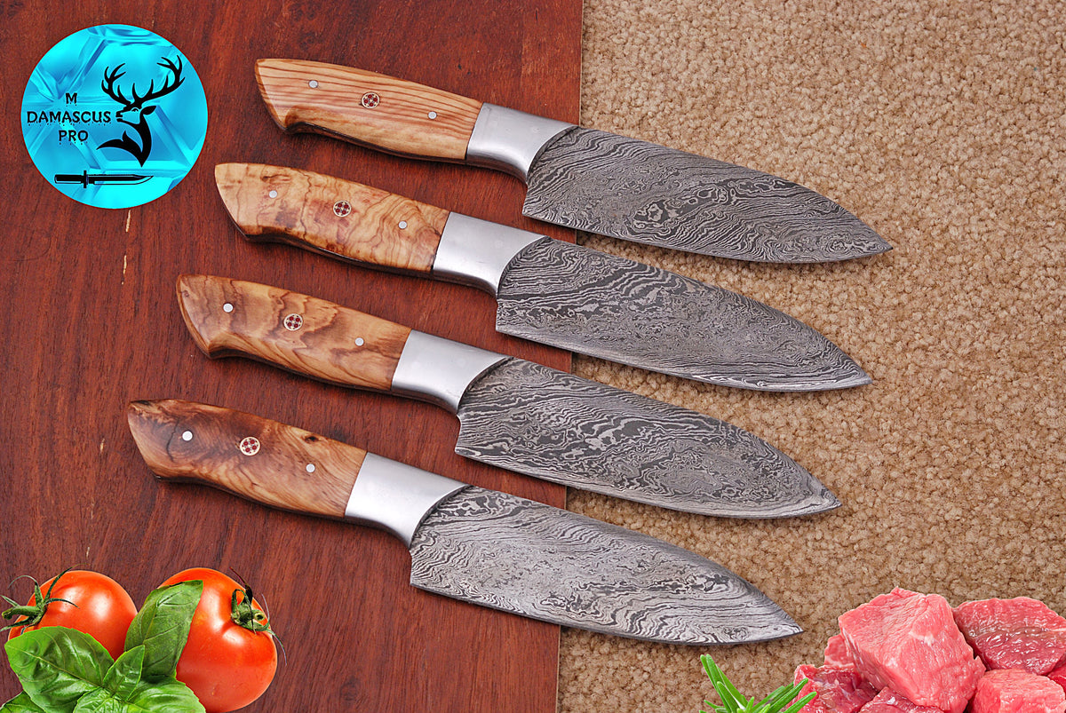 CUSTOM HANDMADE FORGED DAMASCUS STEEL STEAK KNIFE SET CHEF KNIFE SET KITCHEN KNIVES SET WITH WOOD HANDLE 1404
