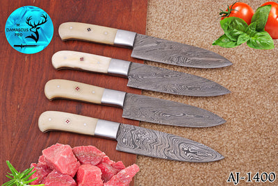 CUSTOM HANDMADE FORGED DAMASCUS STEEL STEAK KNIFE SET CHEF KNIFE SET KITCHEN KNIVES SET WITH CAMEL BONE HANDLE 1400