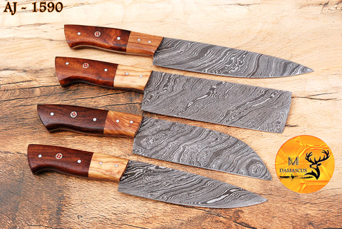 CUSTOM MADE CHEF KNIFE SET HAND FORGED DAMASCUS STEEL KITCHEN KNIVES SET WITH WOOD HANDLE 1590