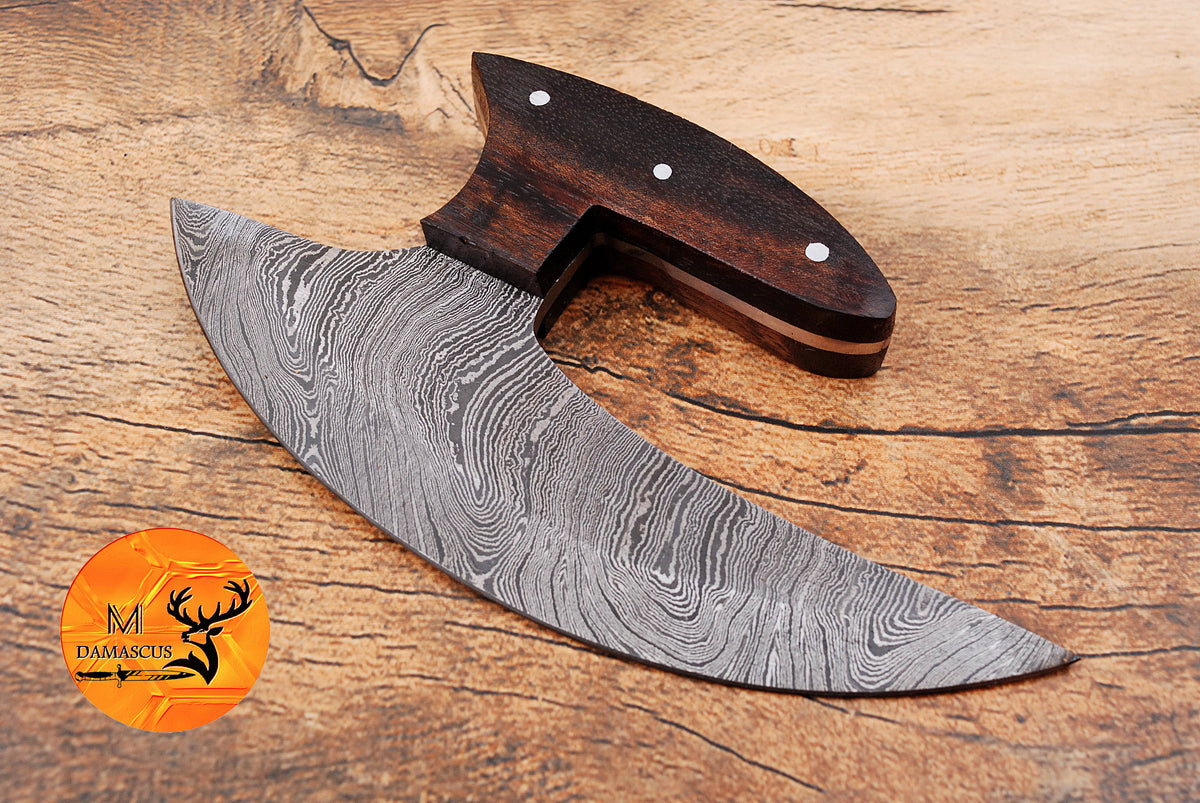 Ulu Knife Custom Made Hand Forged Damascus Steel Chef Kitchen Knife Pizza Cutter With Wood Handle