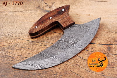 Ulu Knife Custom Made Hand Forged Damascus Steel Chef Kitchen Knife Pizza Cutter With Wood Handle