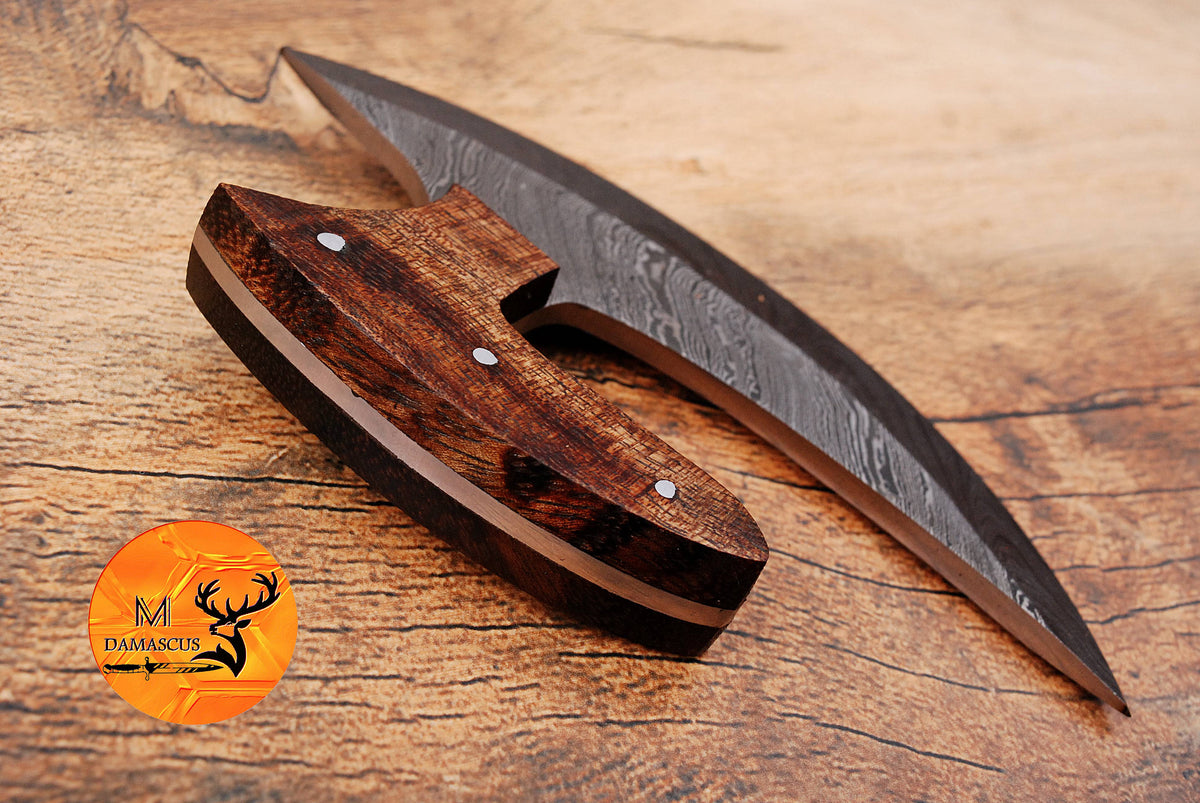 Ulu Knife Custom Made Hand Forged Damascus Steel Chef Kitchen Knife Pizza Cutter With Wood Handle