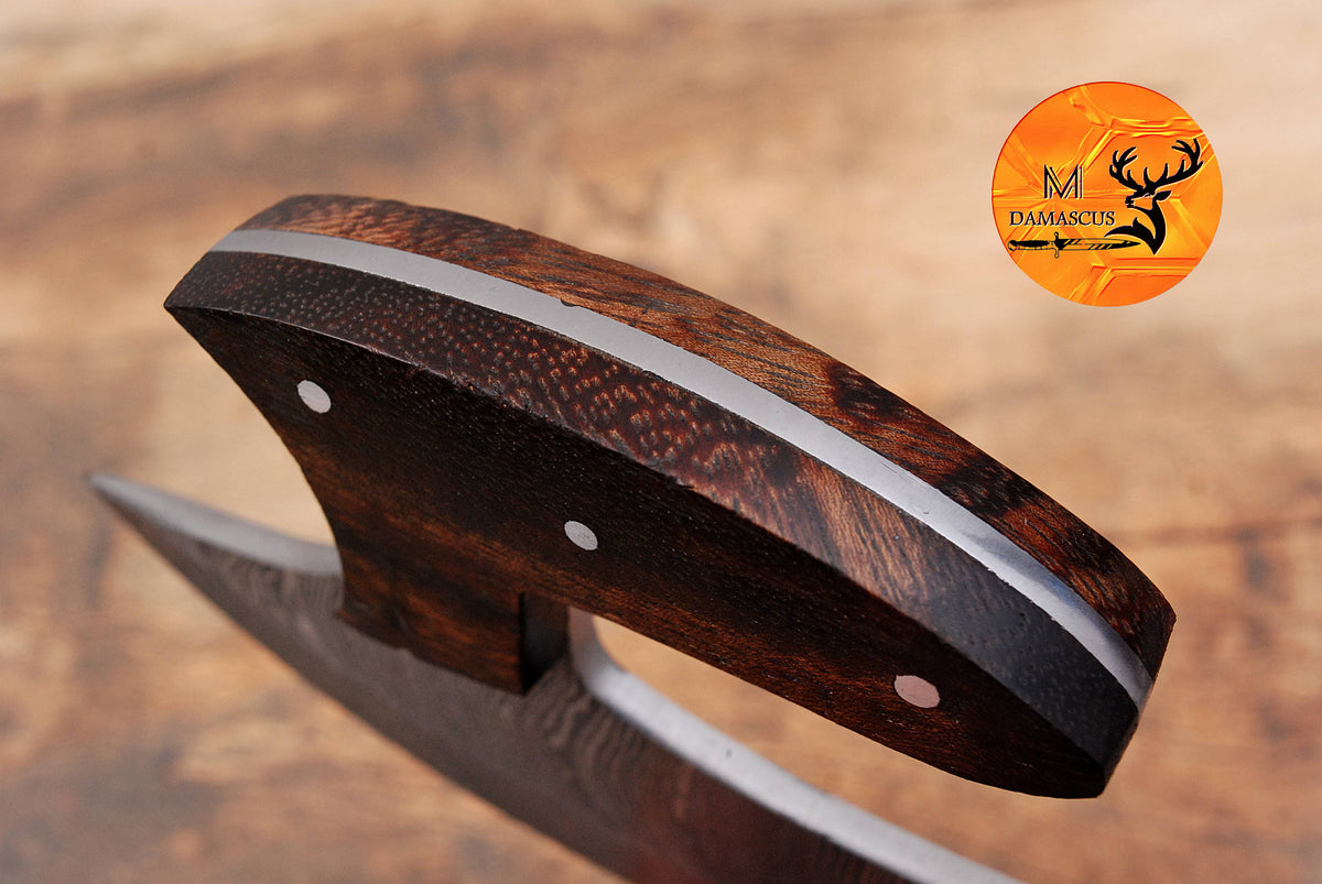 Ulu Knife Custom Made Hand Forged Damascus Steel Chef Kitchen Knife Pizza Cutter With Wood Handle