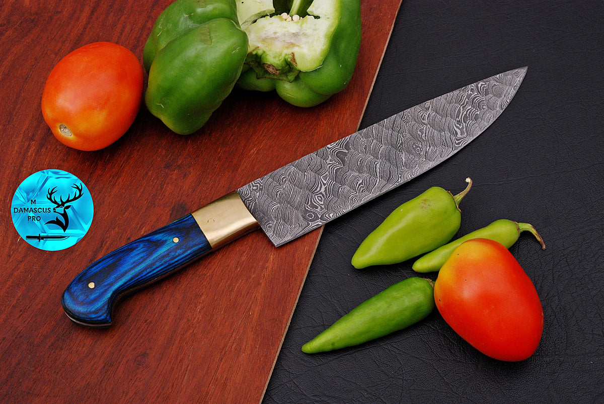 Chef Knife Custom Made Hand Forged Damascus Steel Kitchen Knife With Wood and Brass Bolster Handle