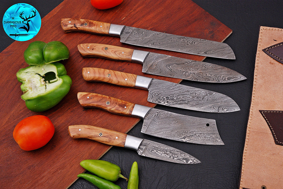 CUSTOM MADE CHEF KNIFE SET HAND FORGED DAMASCUS STEEL KITCHEN KNIVES SET WITH WOOD HANDLE