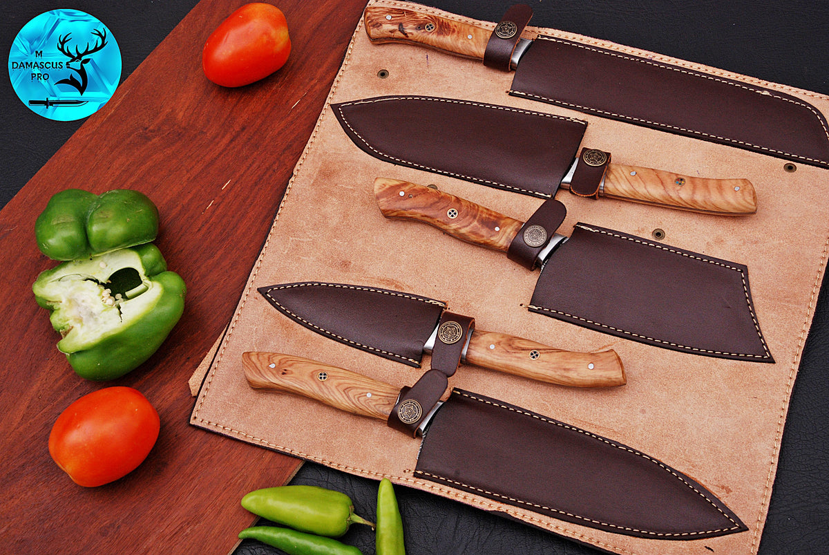 CUSTOM MADE CHEF KNIFE SET HAND FORGED DAMASCUS STEEL KITCHEN KNIVES SET WITH WOOD HANDLE