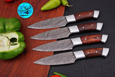 CUSTOM HANDMADE FORGED DAMASCUS STEEL STEAK KNIFE SET CHEF KNIFE SET KITCHEN KNIVES SET WITH WOOD HANDLE 1627