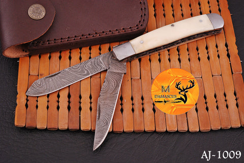 CUSTOM MADE TRAPPER KNIFE / HAND FORGED DAMASCUS STEEL FOLDING BLADE KNIFE / CAMEL BONE HANDLE 1009